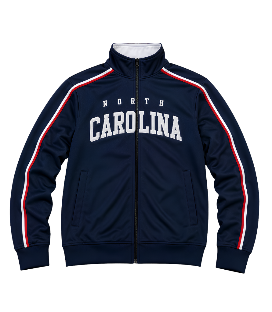 NC United Tournament of Champions jacket — front with NORTH CAROLINA across the chest and red-white sleeve stripes