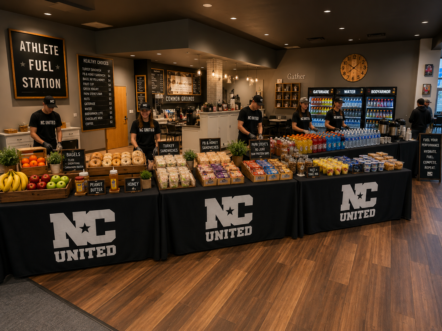 NC United health-first concessions station with fruit, sandwiches, snacks, and drinks
