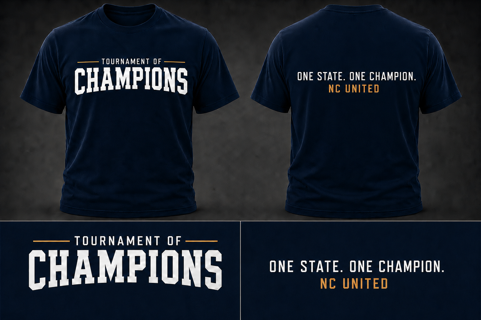 Official navy Tournament of Champions tee — event wordmark on the front and One State, One Champion on the back