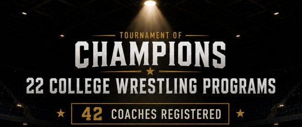 Tournament of Champions graphic announcing 22 college wrestling programs